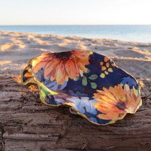 Sunflower Dream Oyster Shell Decoupage Trinket Dish Handmade